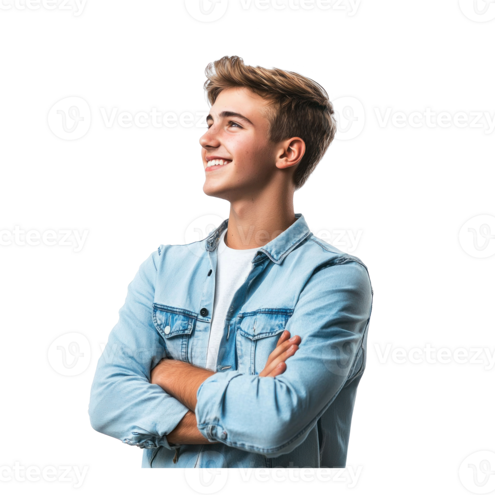 Smiling young man arm cross, standing side view isolate on transparent background png