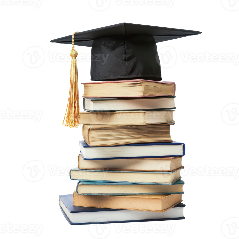 graduation cap on top of books with a tassel png