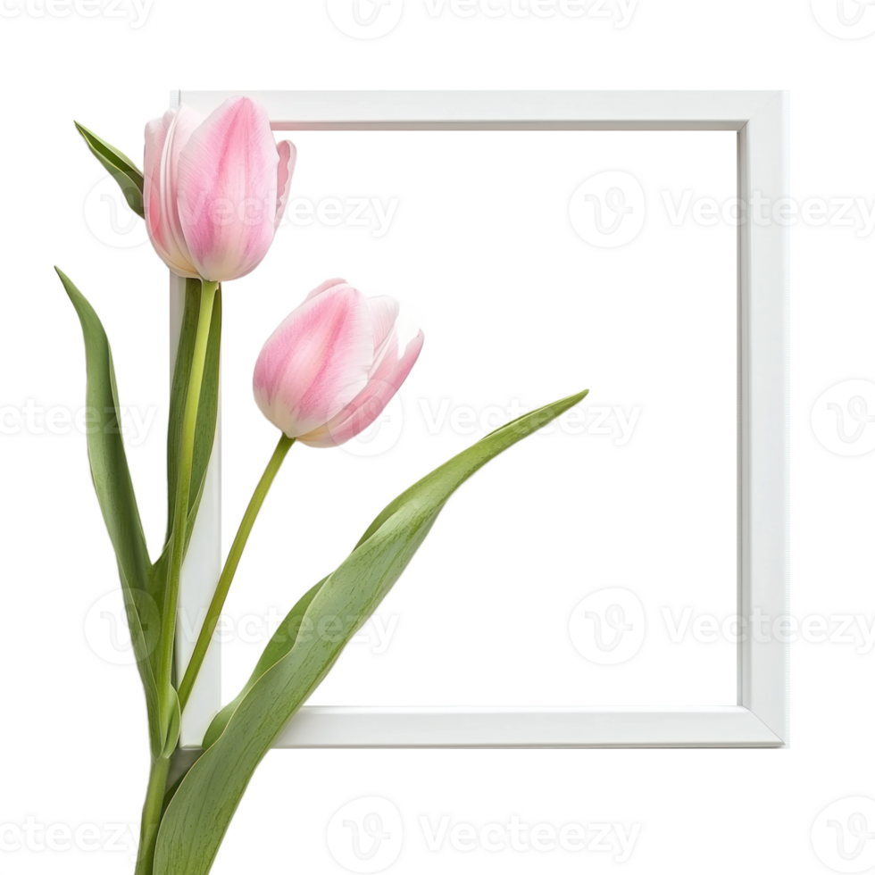 A white empty wooden frame with a delicate pink tulip isolate on transparent background png