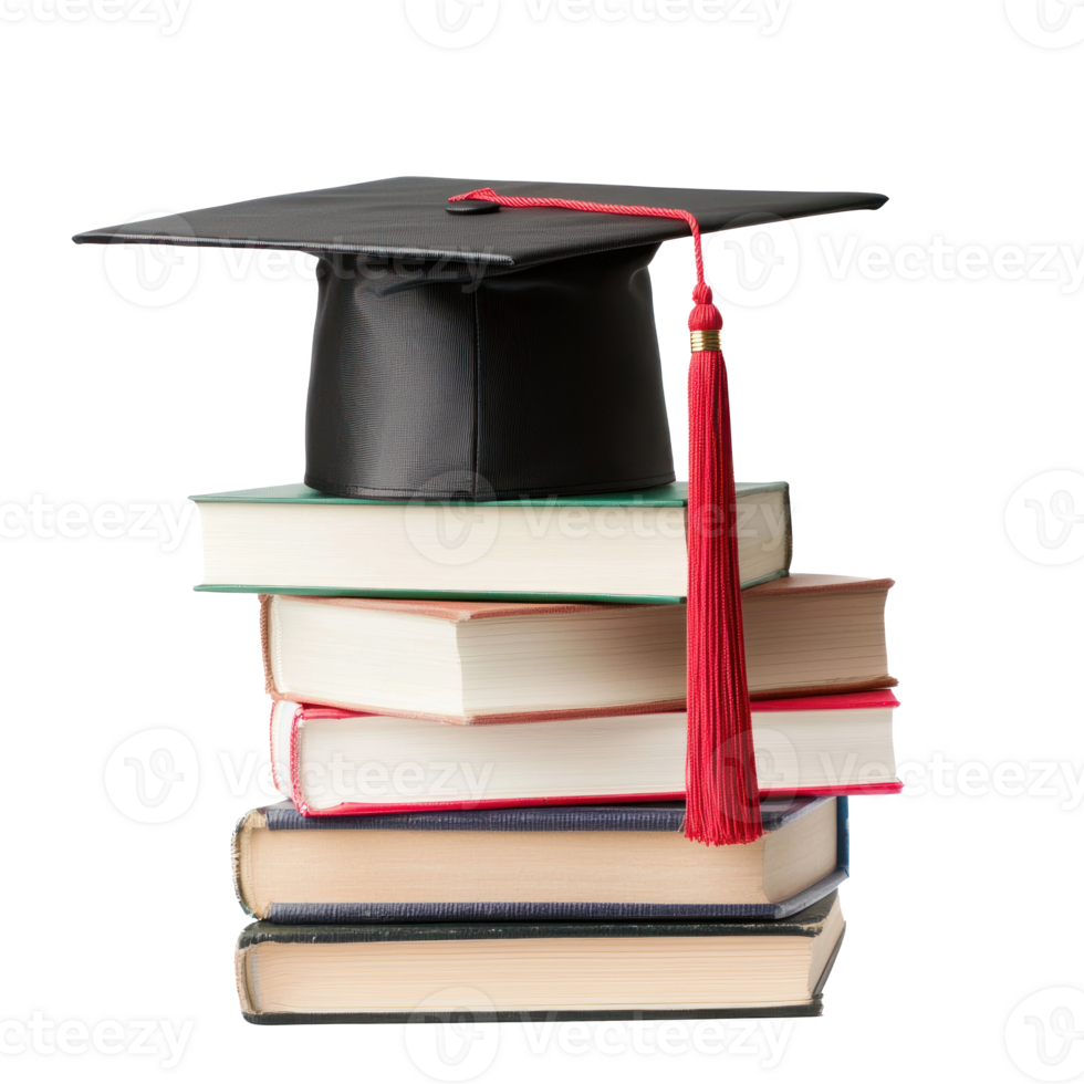 graduation cap on top of books and tassel png