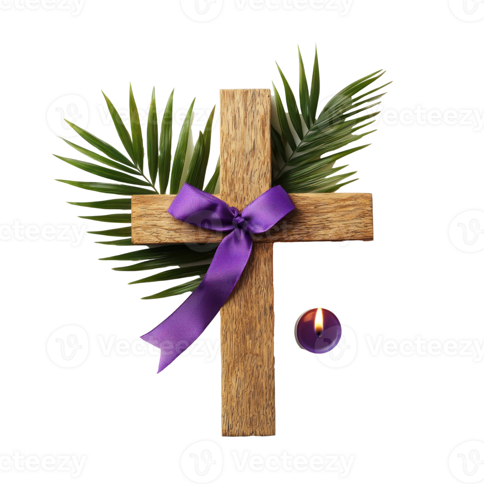 Wooden Cross with purple ribbon and palm leaf and burning candle, lent concept isolate on transparent background png