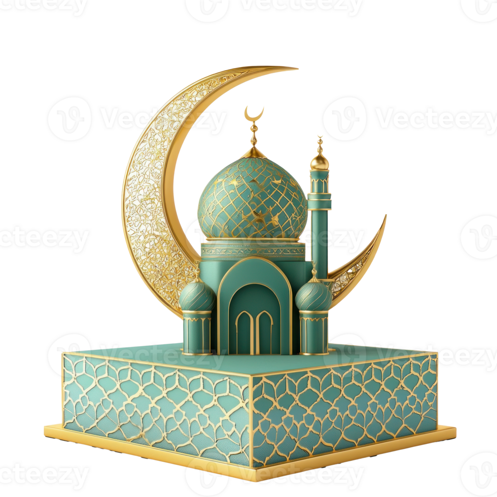 Lantern mosque crescent moon gift box on podium Eid mubarak concept isolate on transparent background png
