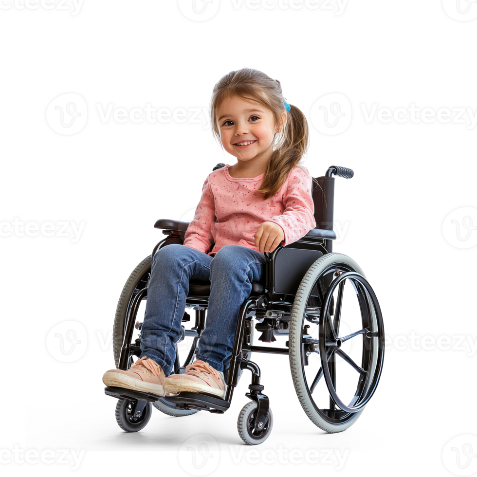 a little girl sitting in a wheelchair on a white background png