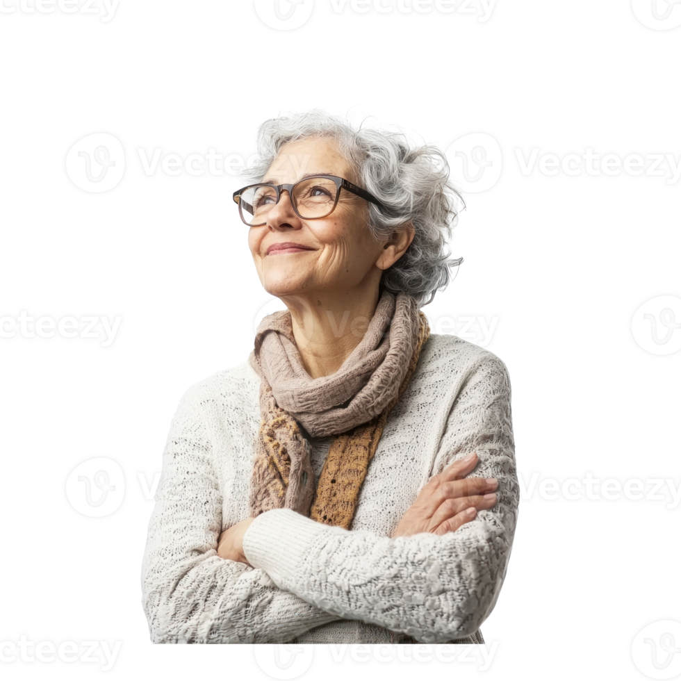 Smiling senior woman with arm cross, standing, womens day side view isolate on transparent background png