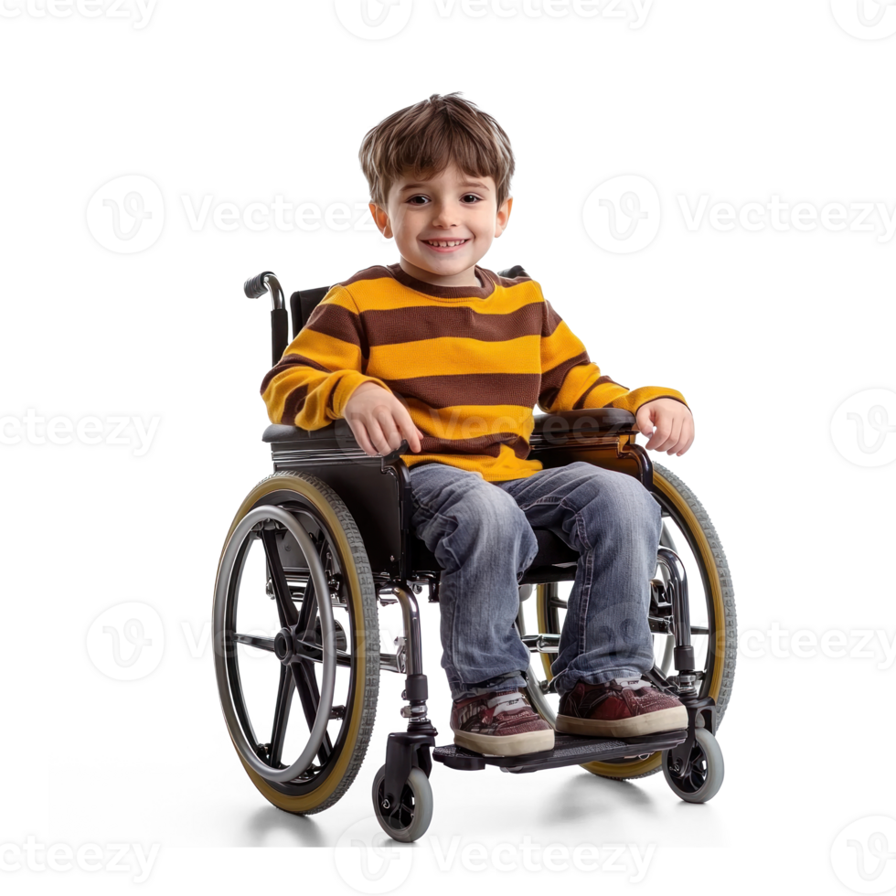 Smiling little boy in wheel chair isolate on transparent background png