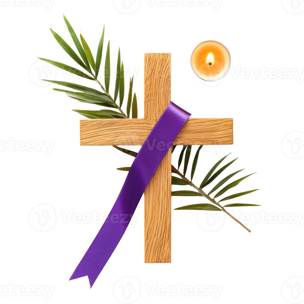 easter cross with purple ribbon and palm leaf on transparent background png