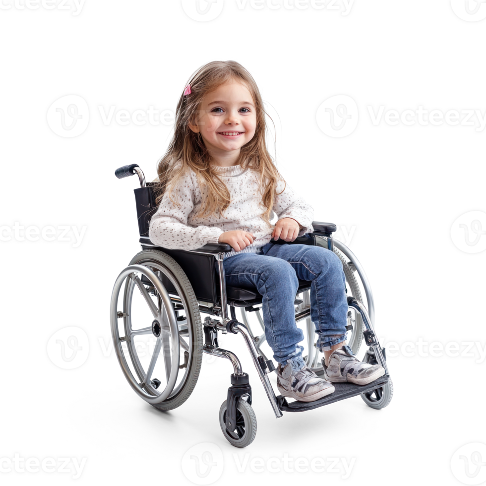 little girl sitting in a wheelchair on transparent background png