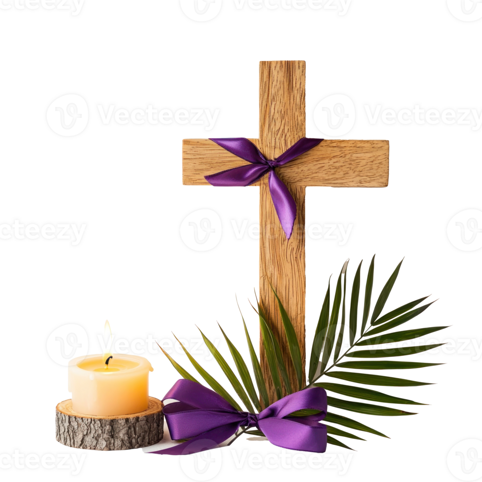 Wooden Cross with purple ribbon and palm leaf and burning candle, lent concept side view isolate on transparent background png