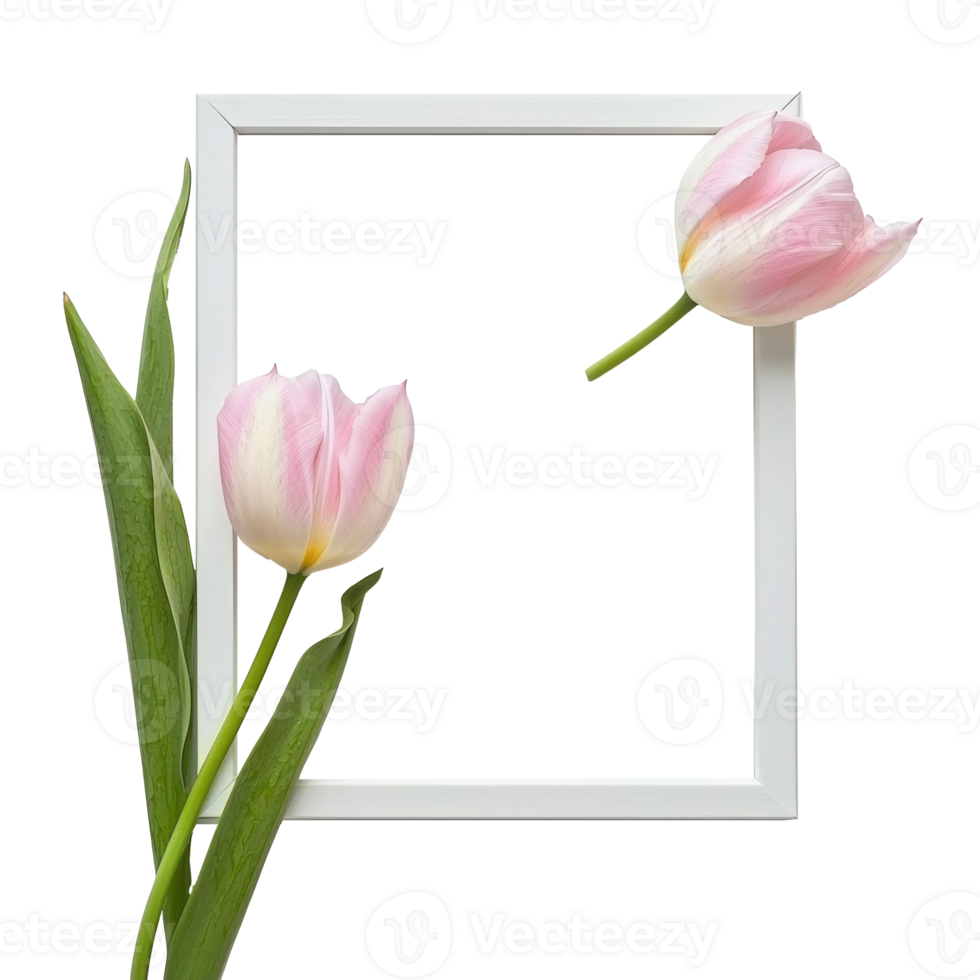 two pink tulips in a white frame on a transparent background png