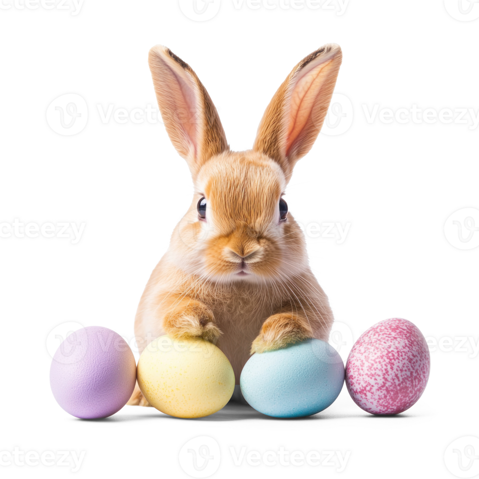easter bunny with colorful eggs isolated on transparent background png