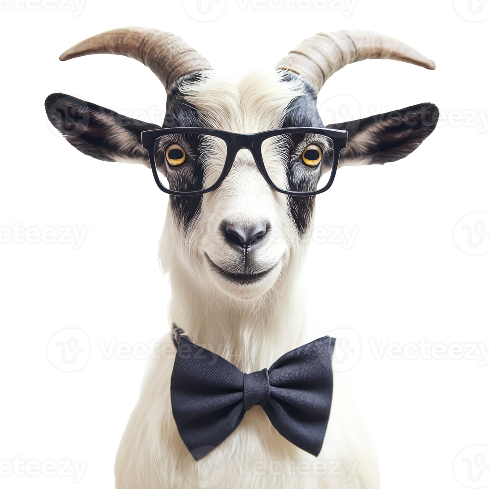Fashion goat wearing glasses and bow, full body isolate on transparent background png