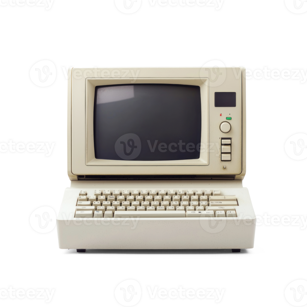 White Old classic computer front view isolate on transparent background png