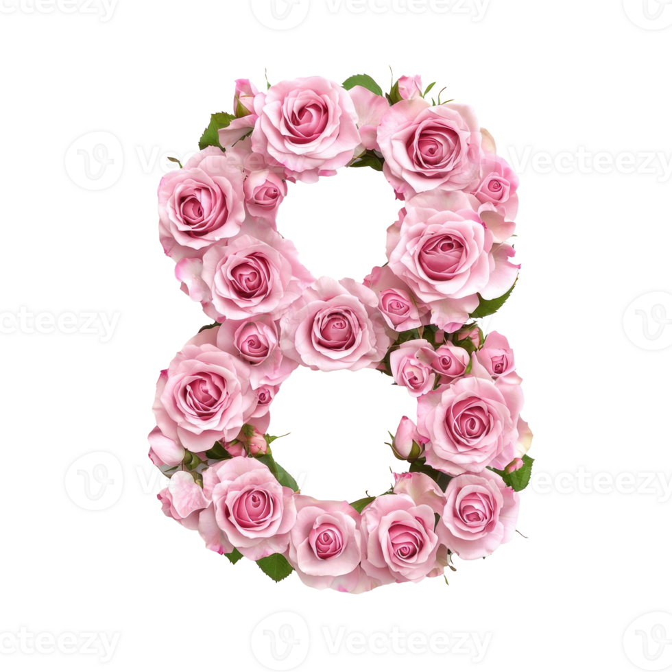 8 Number eight shape pink roses pastel, womens day concept isolate on transparent background png