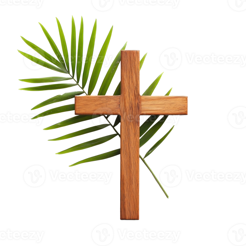 Christain wooden Cross and palm leave isolate on transparent background png