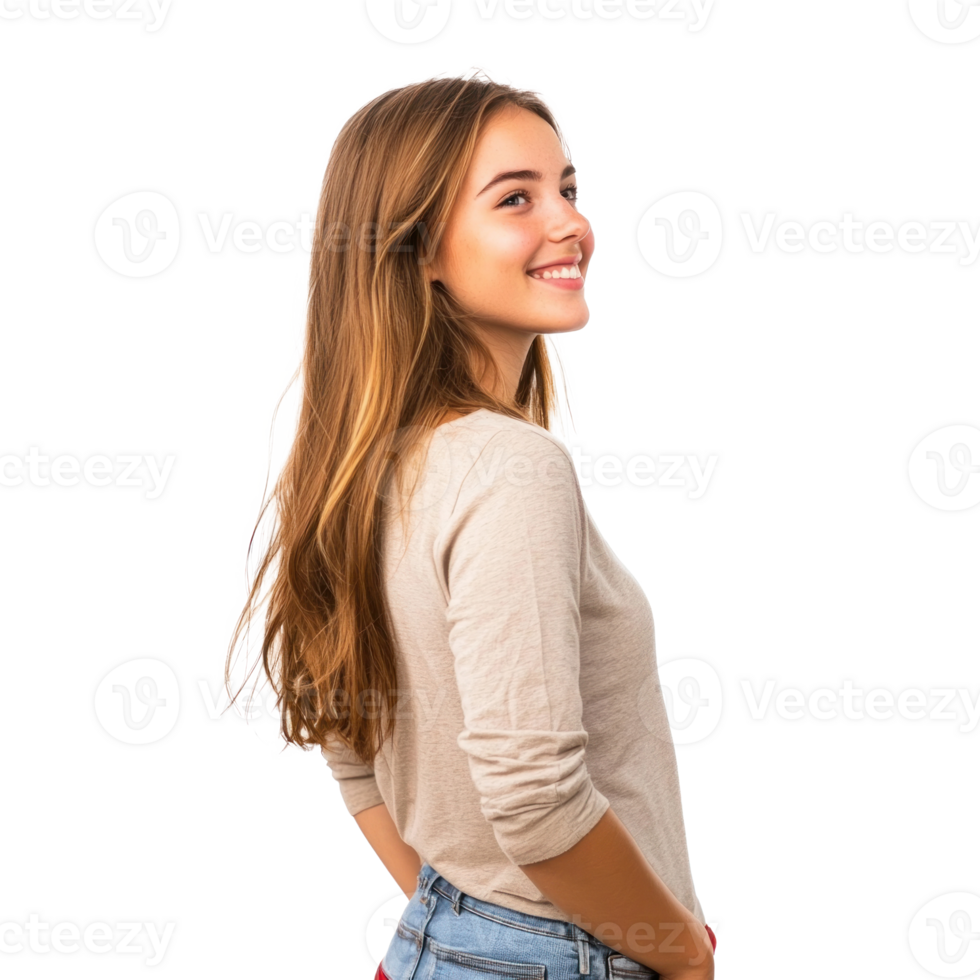 Smiling young woman standing, womens day side view isolate on transparent background png