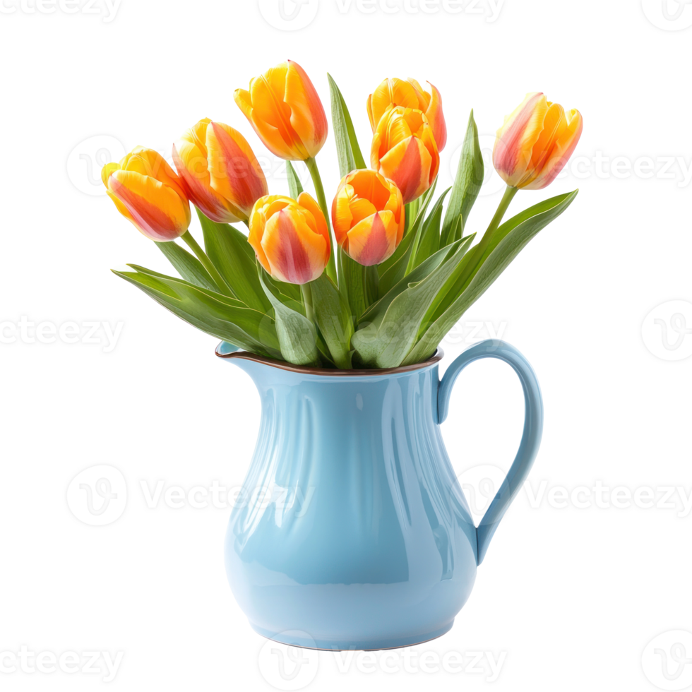 Bouquet tulps in a blue jug side view isolate on transparent background png