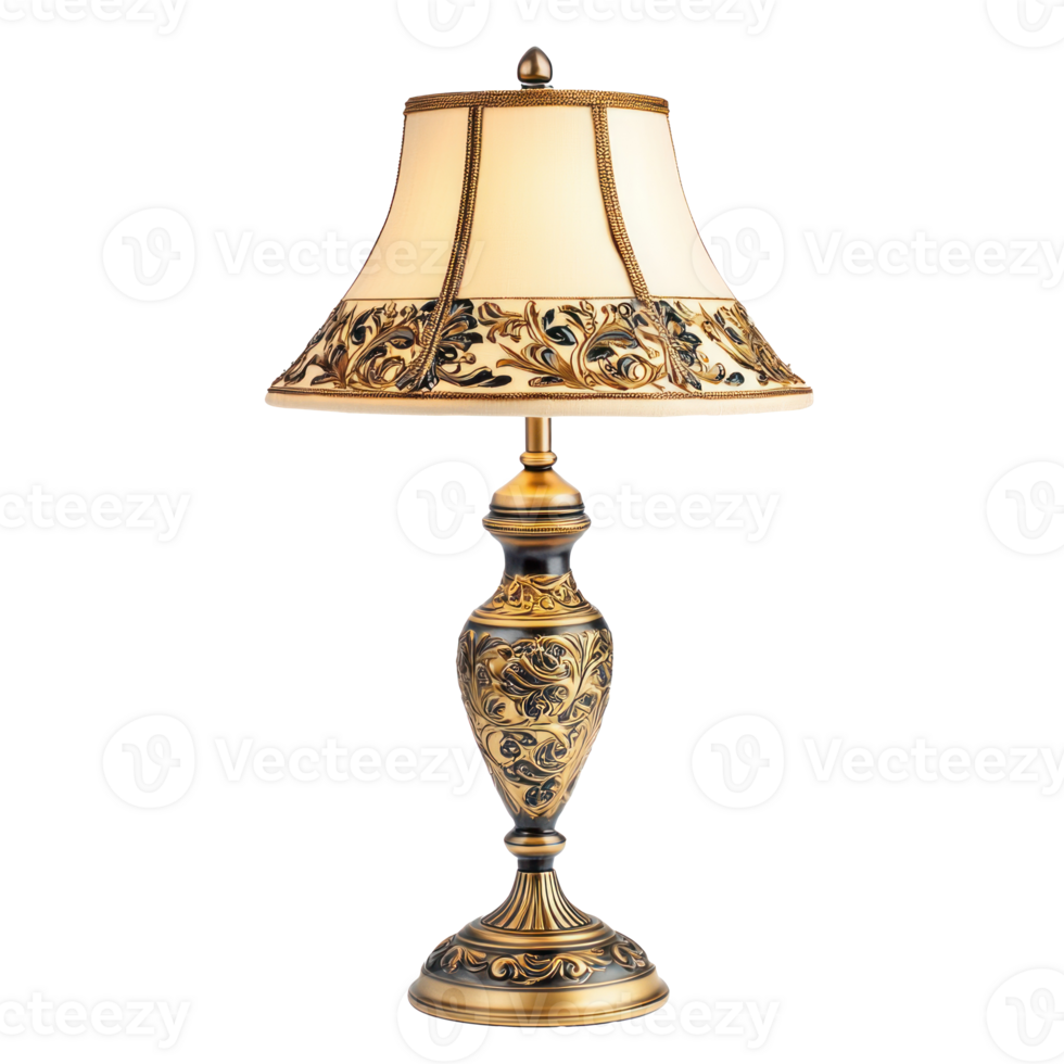 a table lamp with a gold base and a white shade png