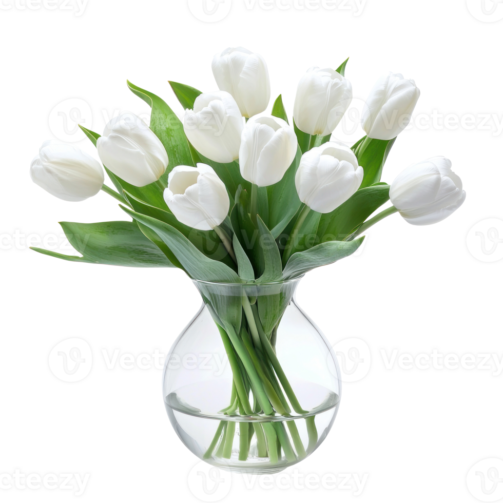 White tulips flower in glass vase isolate on transparent background png