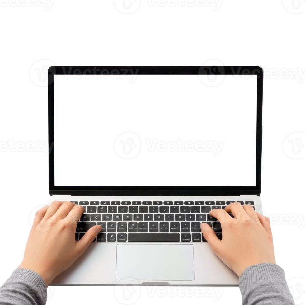 Hands Using laptop white screen front view isolate on transparent background png