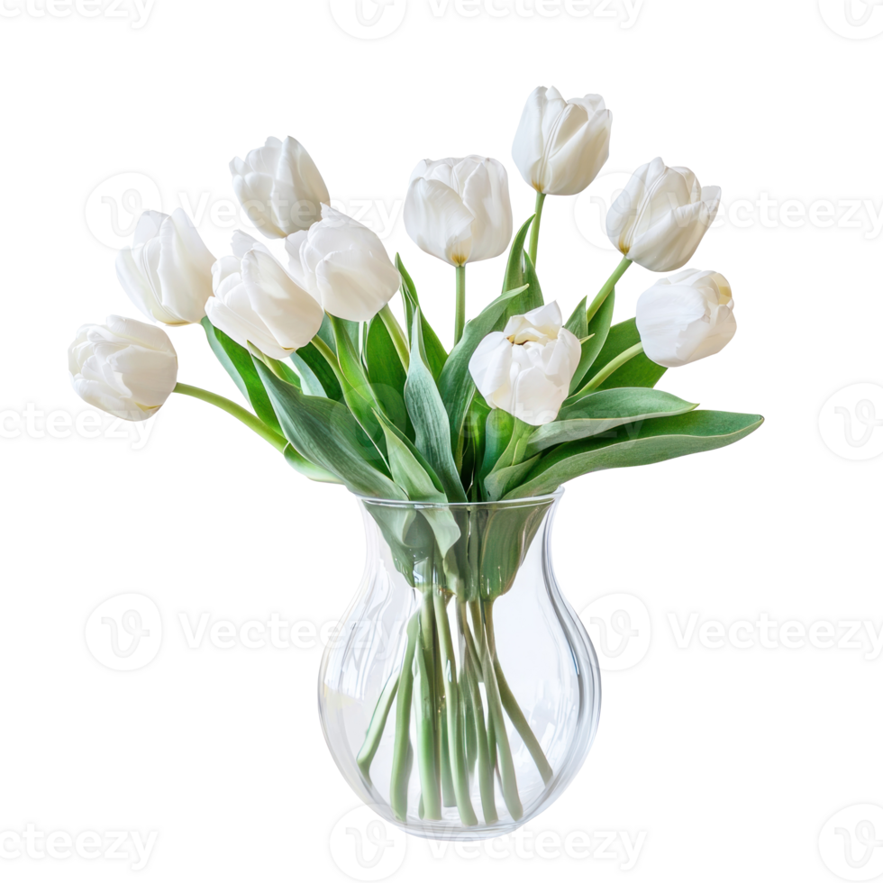 white tulips in a clear vase on a transparent background png