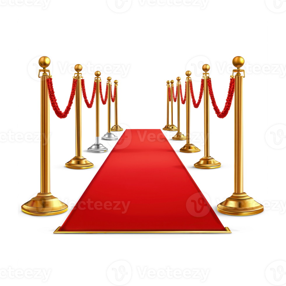 red carpet with gold poles and rope barriers isolate on transparent background png
