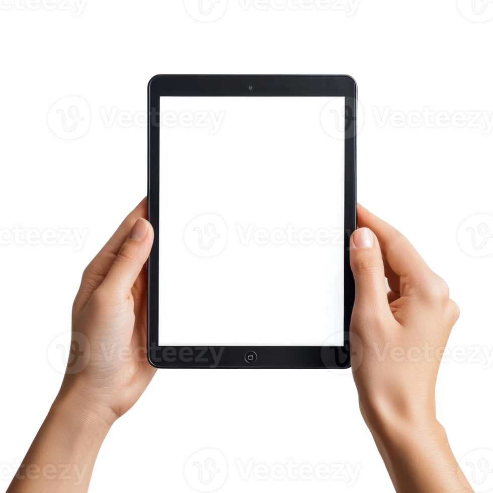 hands holding a tablet with a blank screen isolate on transparent background png