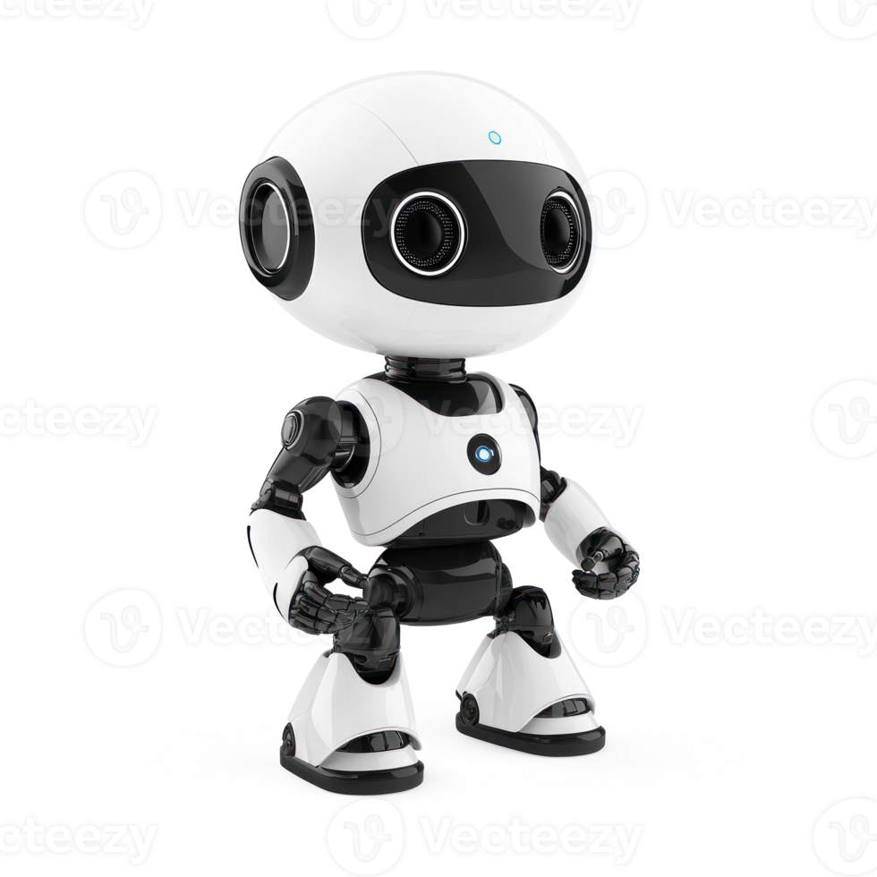 Portrait of Ai robot thinking gesture, sleek modern technology, standing isolate on transparent background png