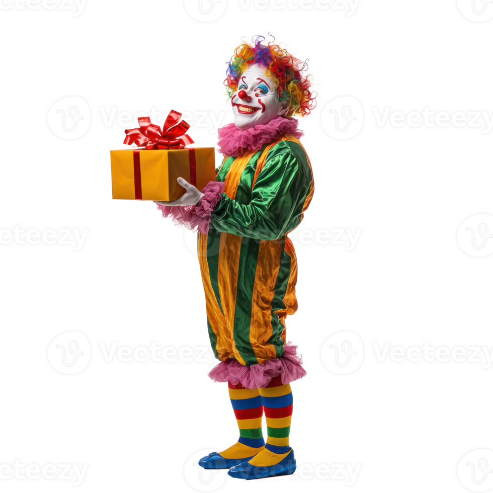 Smiling clown holding gift box, standing side view isolate on transparent background png