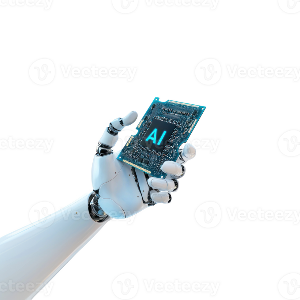 a robot hand holding a computer chip on a transparent background png