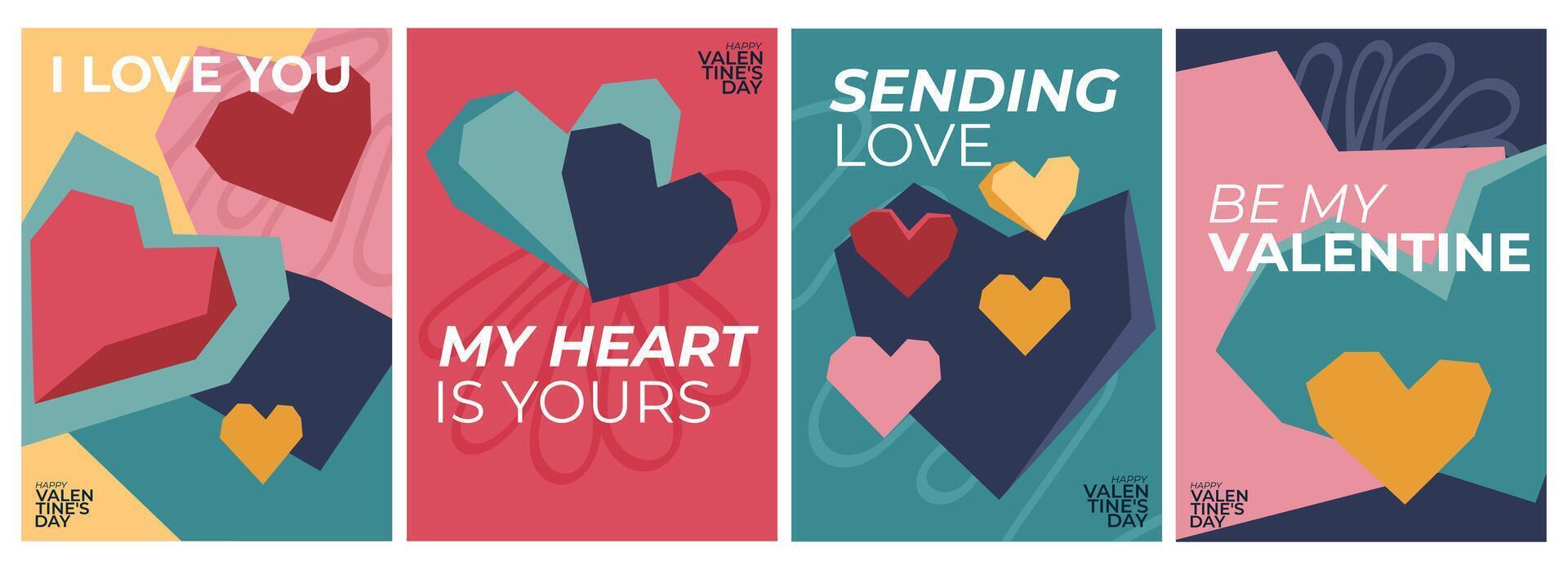 Creative concept of Happy Valentines Day cards set. Modern abstract art design with hearts, geometric. Templates for celebration, branding, banner, cover, label, poster vector
