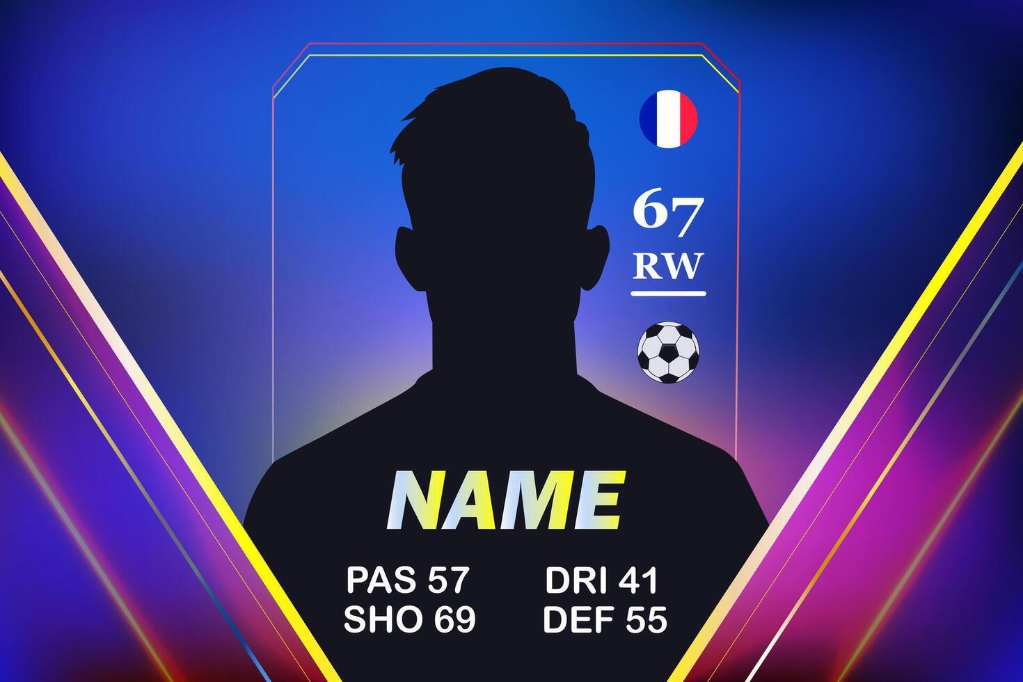 Silhouette of a football player card template with attributes and national flag on gradient background. vector