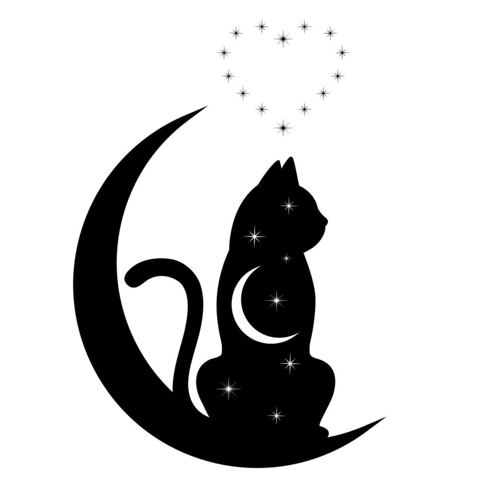 Cute black cat on a crescent moon with stars vector