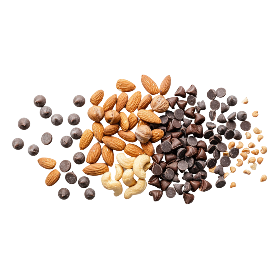 Assorted nuts and chocolate chips beautifully arranged on a transparent background for culinary and dessert design projects png