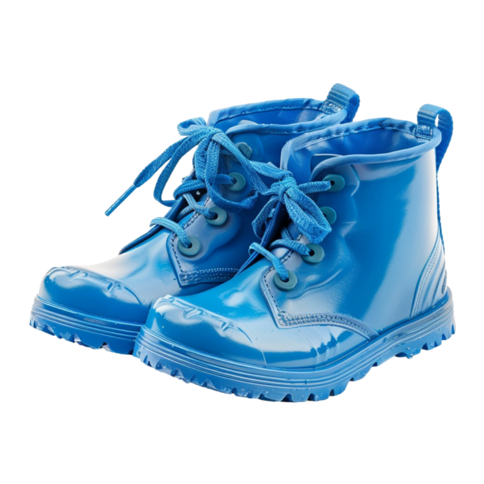 A pair of bright blue glossy rain boots with laces isolated on a transparent background perfect for fashion and footwear design png