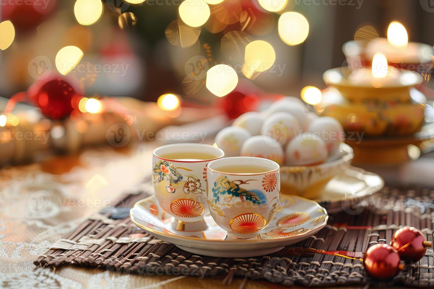 Festive tea setup with decorative ornaments and warm candlelight ambience photo