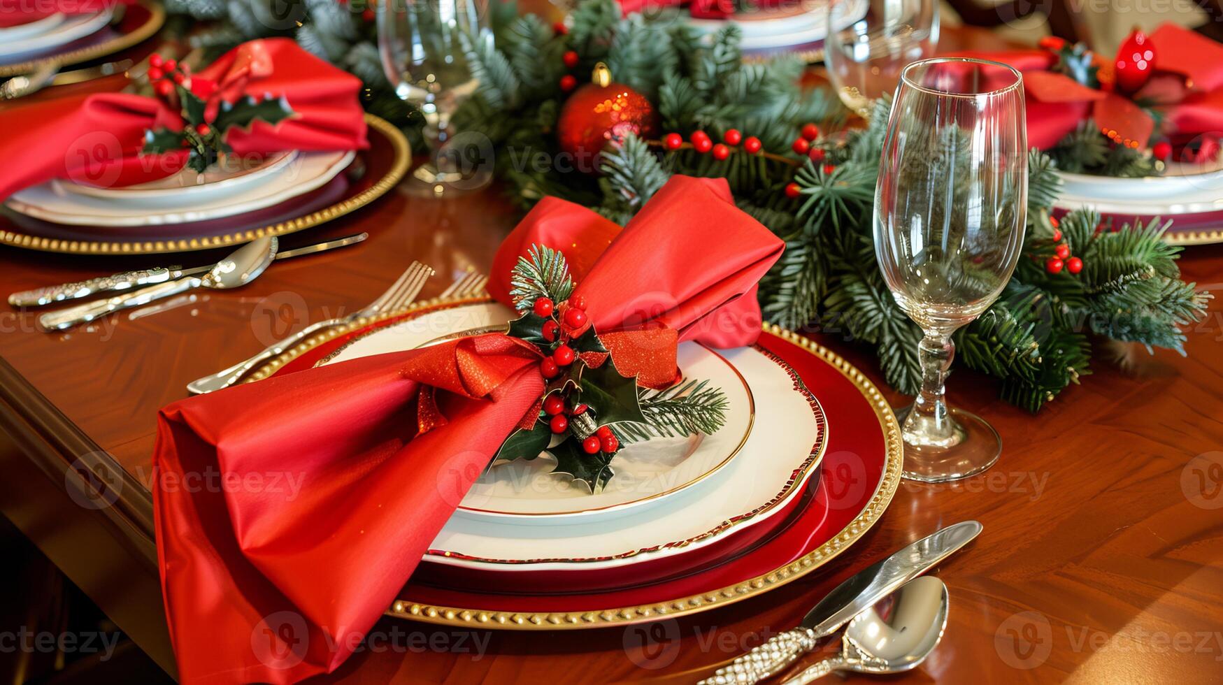Festive holiday dining table setting with red napkins and evergreen decor photo