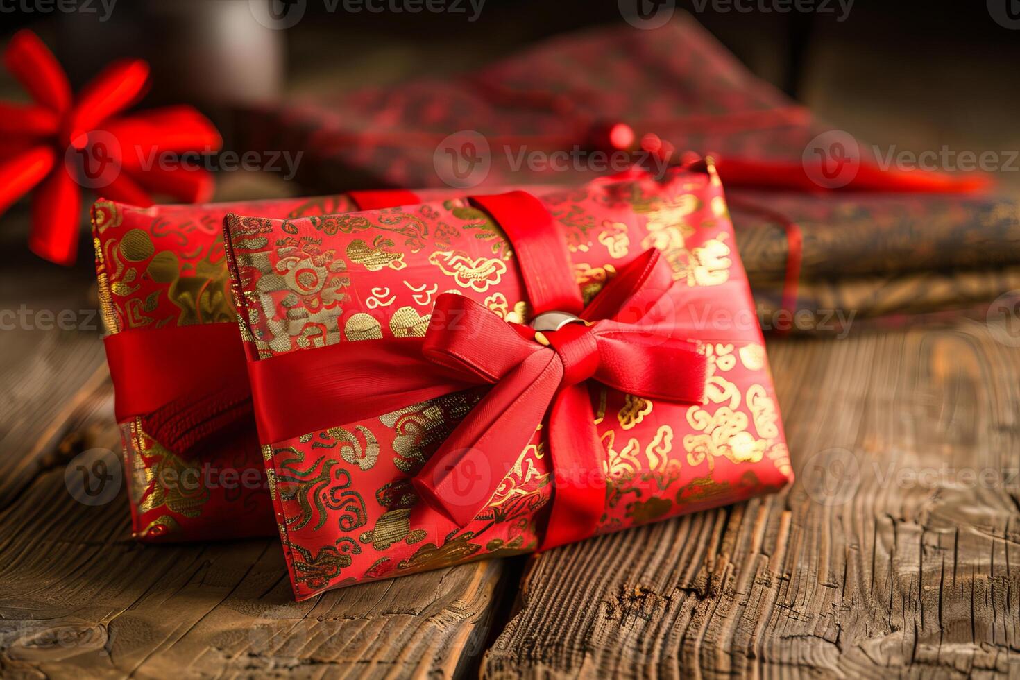 Elegant red gift packages with intricate patterns on rustic wooden table photo