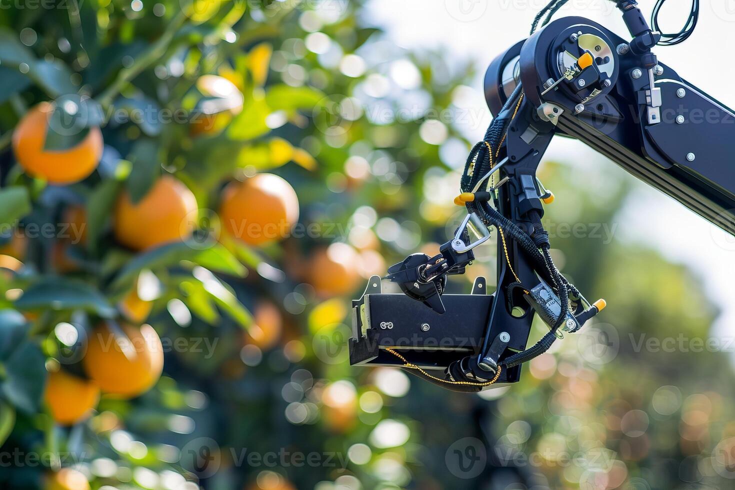 Innovative robotic arm harvesting ripe oranges in orchard for efficient agriculture photo