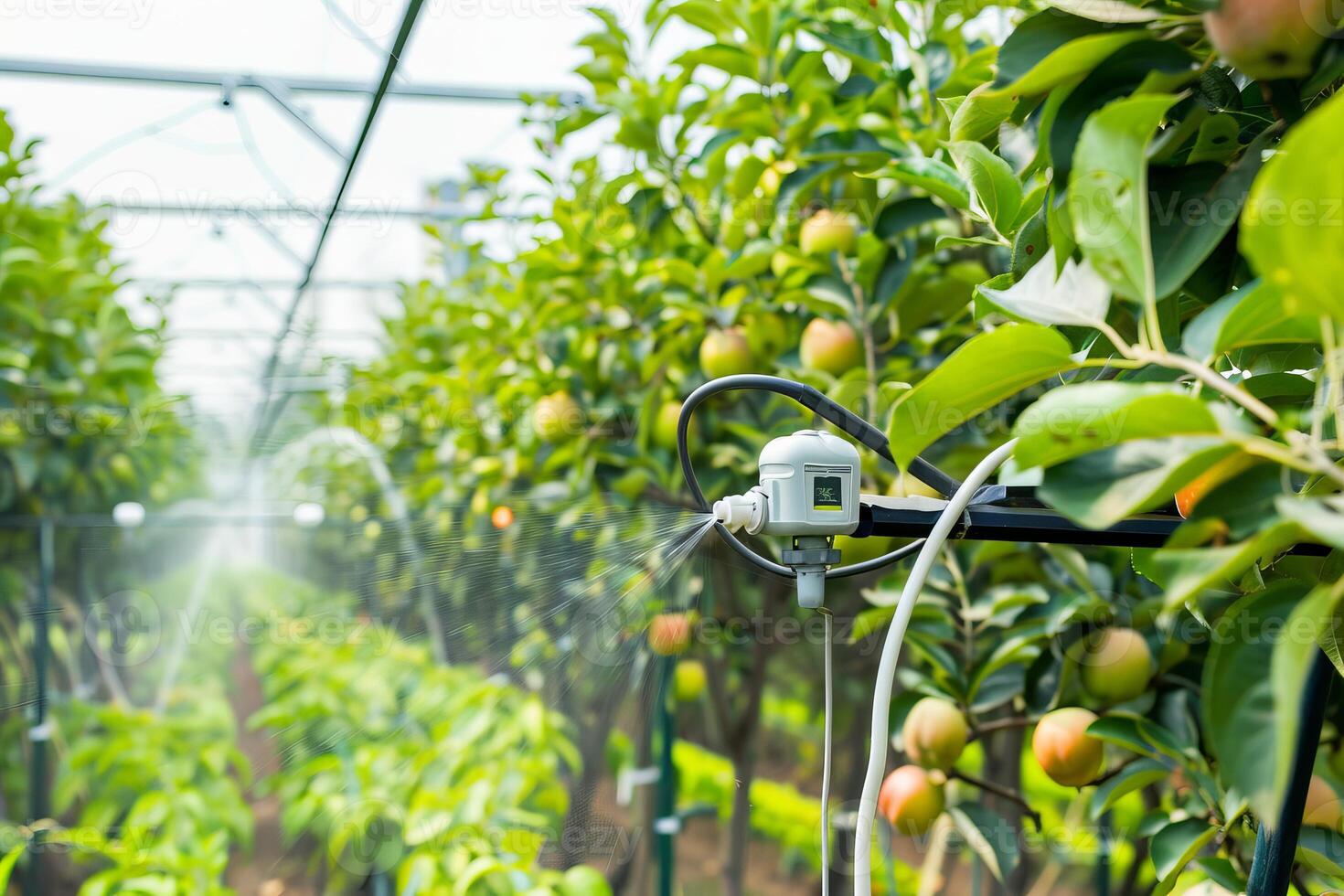 Automated irrigation system in apple orchard for sustainable agriculture and eco-friendly farming practices photo