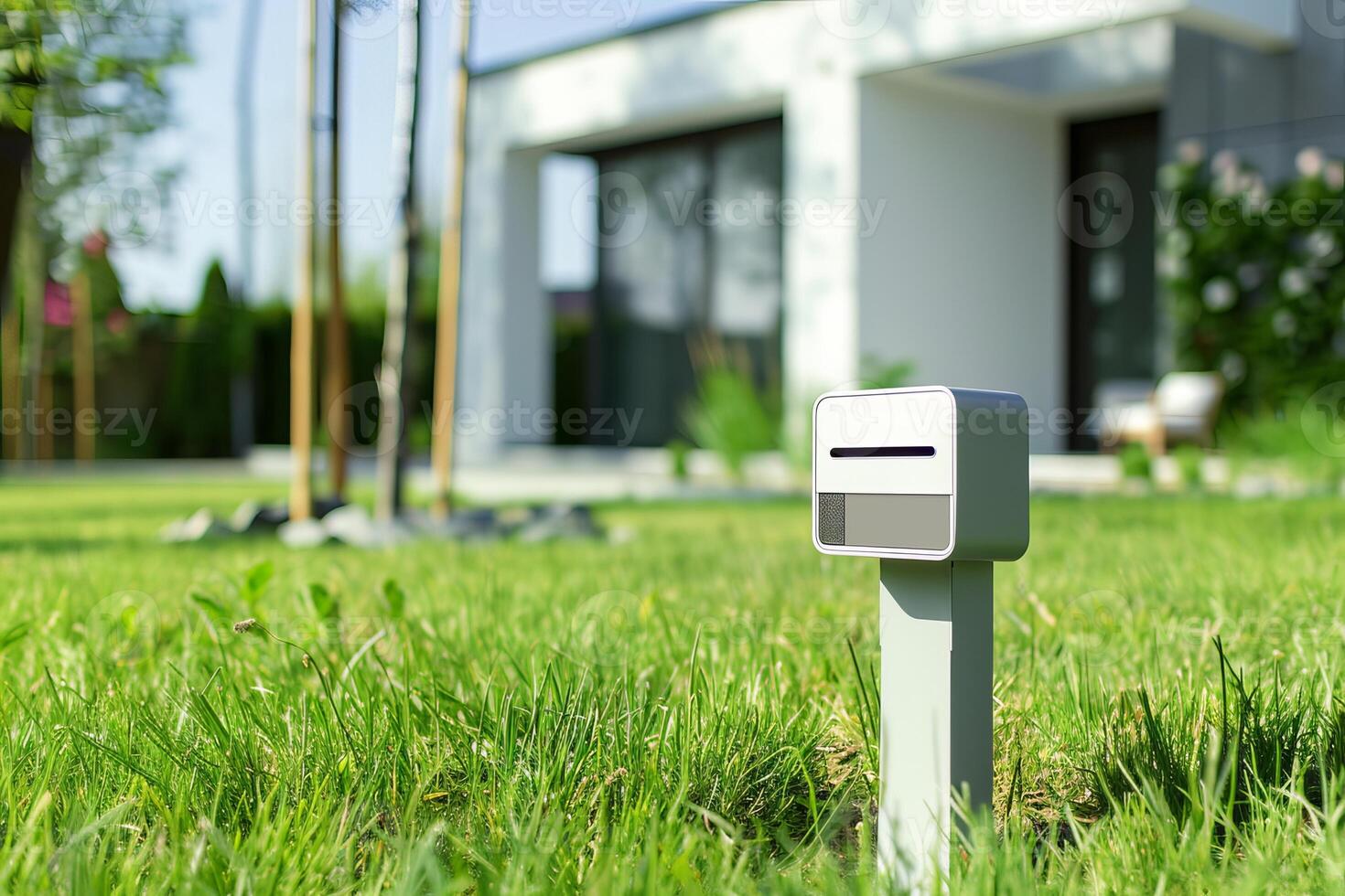 Modern home mailbox in vibrant green garden setting for residential design inspiration photo