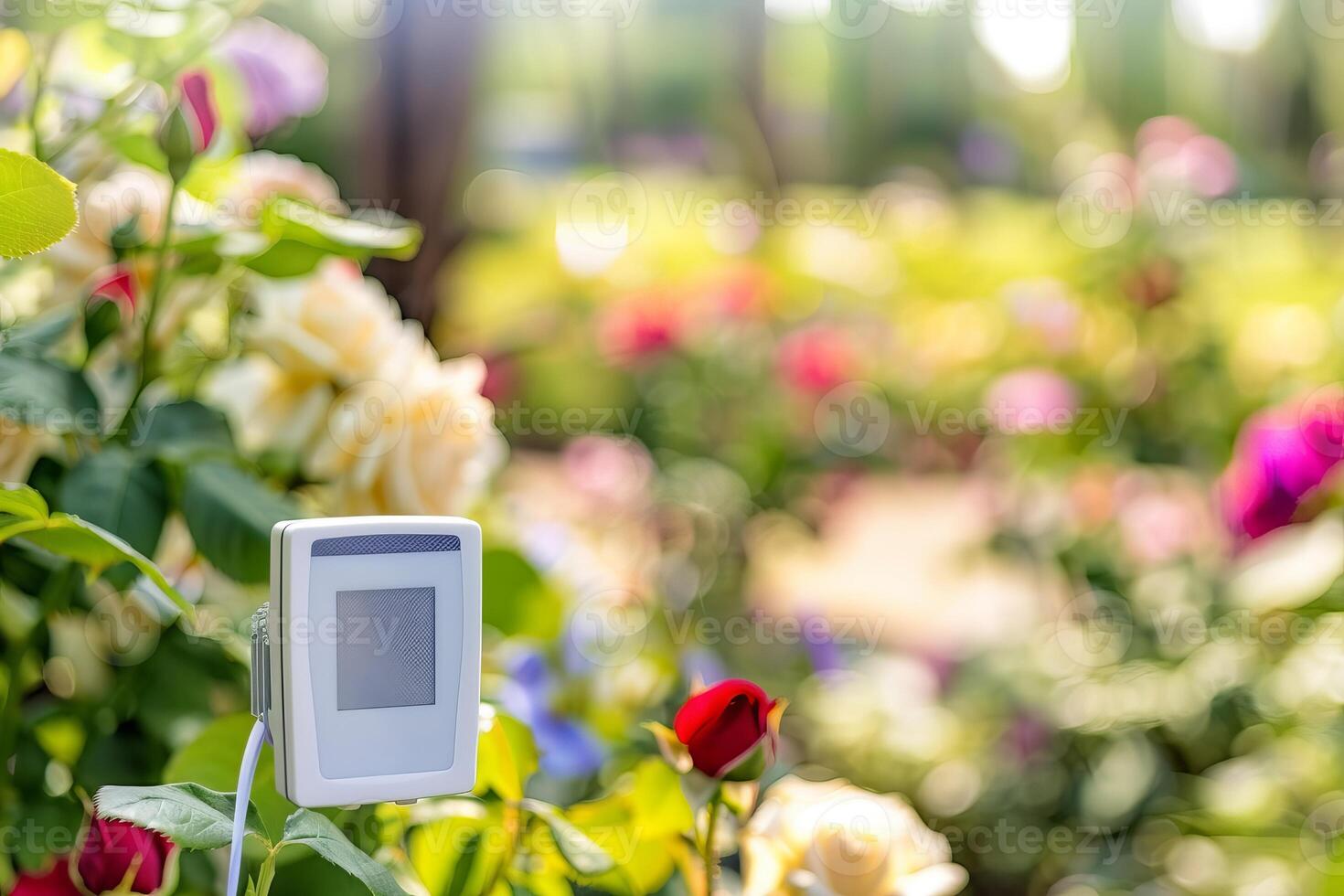 Vibrant garden with sensor device among blooming flowers in a sunny outdoor setting photo