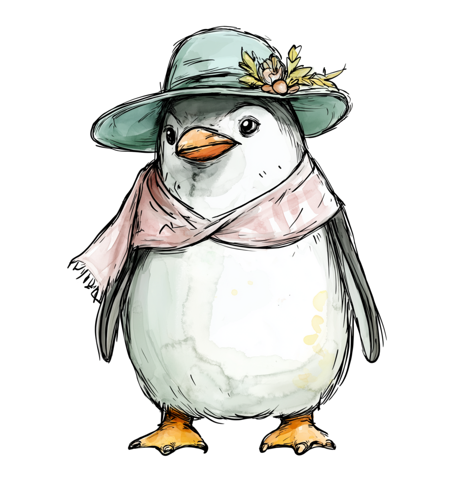 Cute penguin in a stylish hat and scarf with floral decoration in a whimsical illustration style png