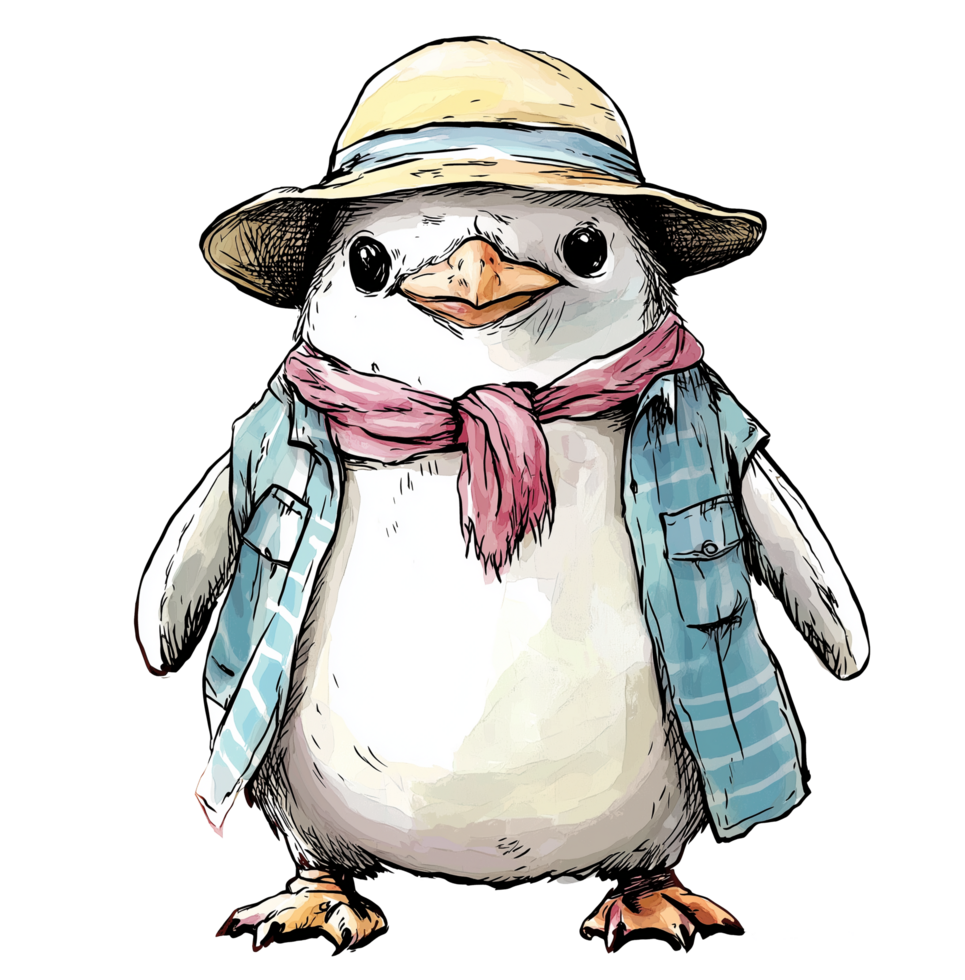 Penguin wearing a straw hat and colorful clothing enjoys a sunny day at the beach png