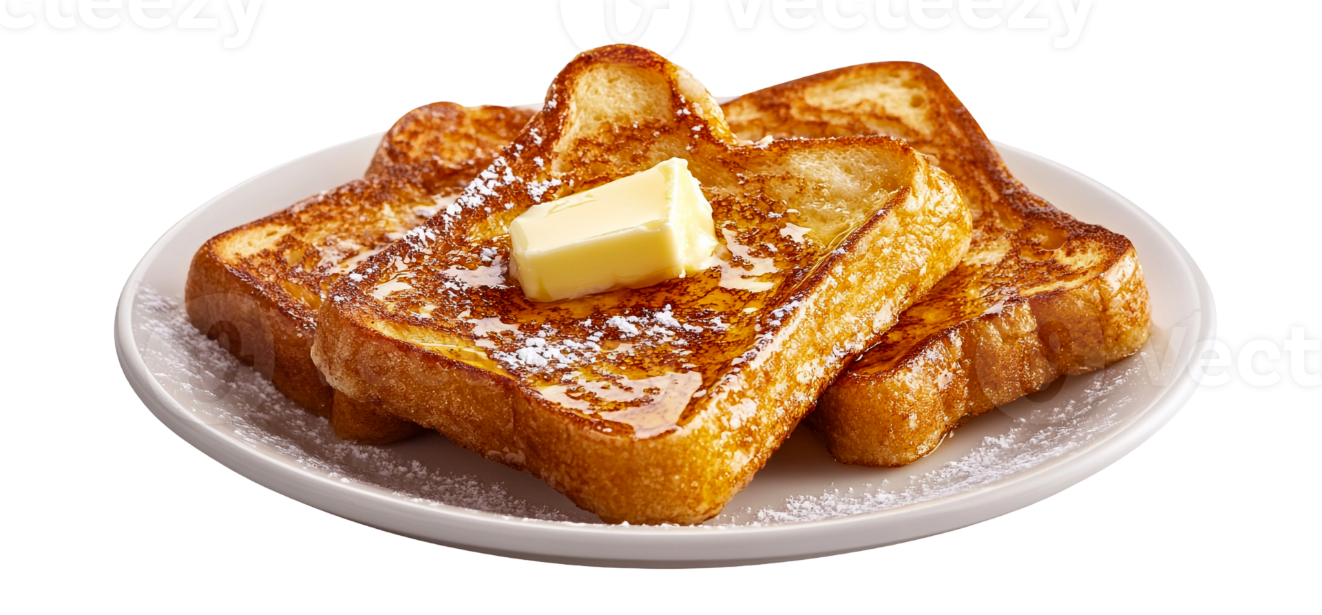 A plate of French toast with butter and a dusting of sugar png