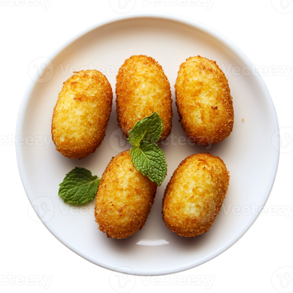 Tasty Spanish croquettes on a plain white plate png