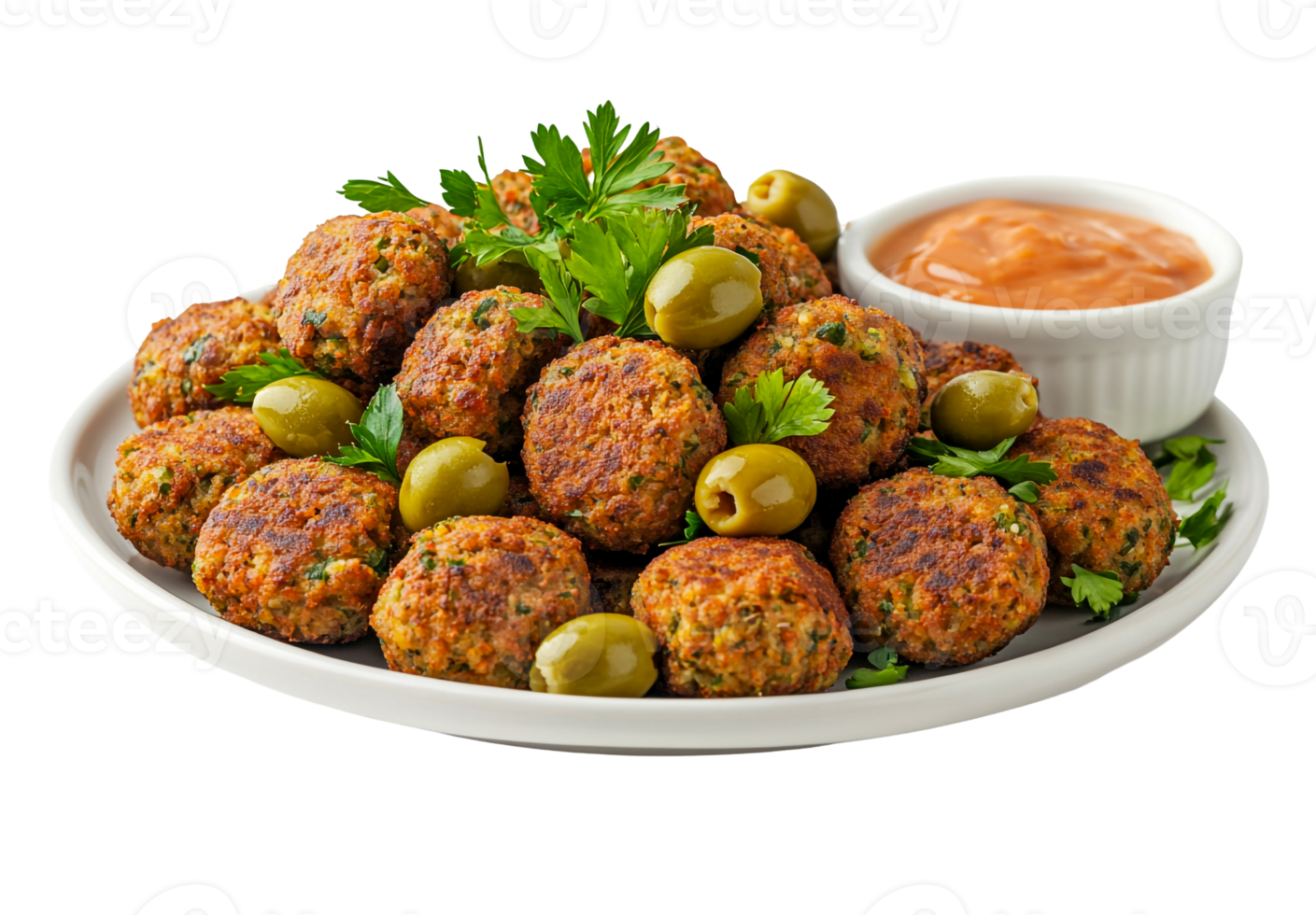 Crispy falafel balls with green olives and dip png