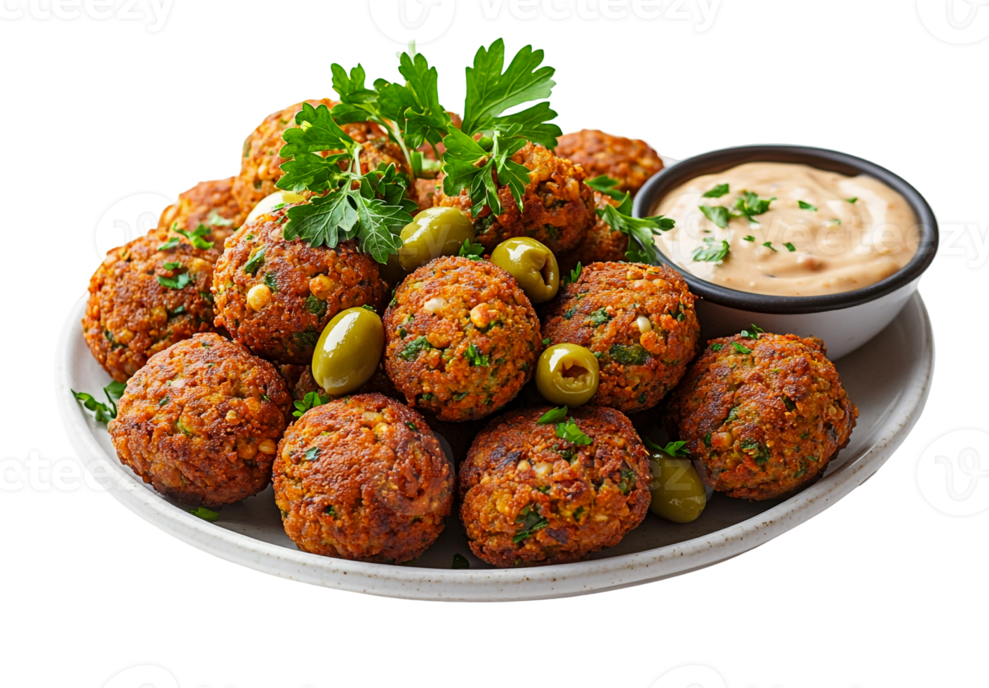 Falafel with green olives and sauce on the side png