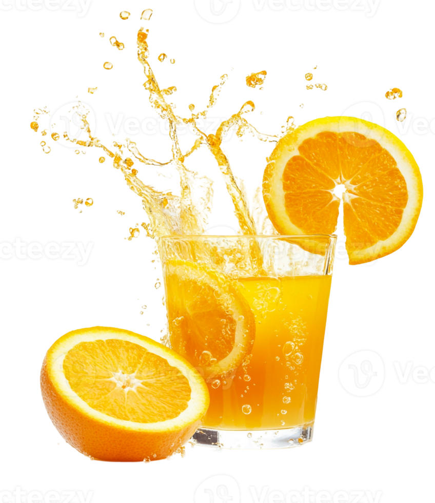 Orange juice in motion with fruit slices png