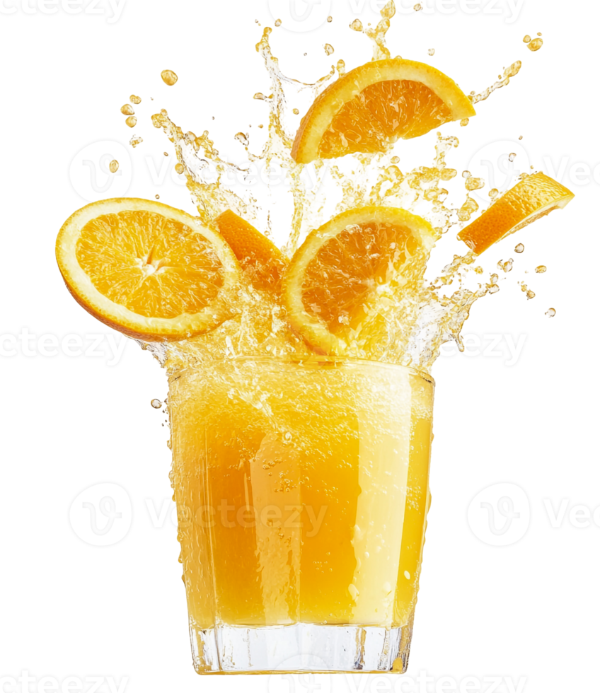 Citrus fruit slices and juice overflowing a glass png