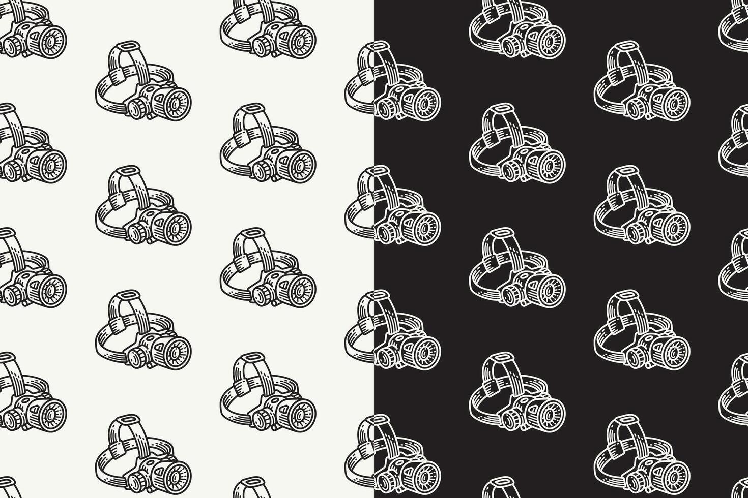 LED headlamp doodle seamless pattern on black white background set. retro LED head lantern background. flashlight with strap engraving wallpaper. headlight with strap pattern background for adventure vector